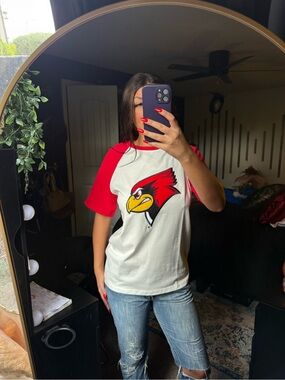 Red & White Raglan Graphic Tee with Cardinal Motif